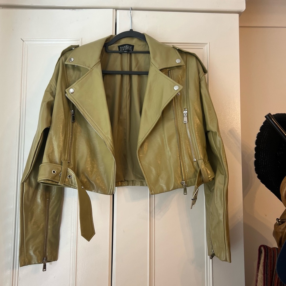 danielle bernstein (weworewhat) green faux patent leather jacket